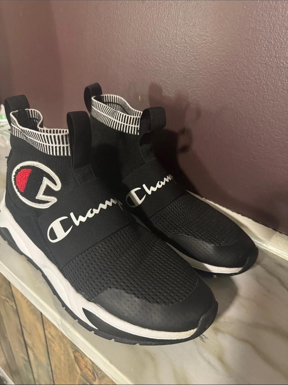 Champion Black Knit Slip-On Kids Sneakers with Red Logo Accent
